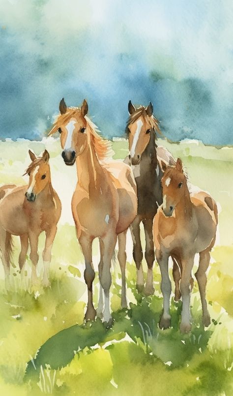 Laminated card with rounded corners. Size: 2.5” x 4.25” Ponies in grass field. AN22 Animal Drawings Horse, Fields Aesthetic, Watercolor Horse Painting, Horse Watercolor, Horse Art Drawing, Watercolor Paintings Nature, Horse Illustration, Grass Field, Horse Drawings