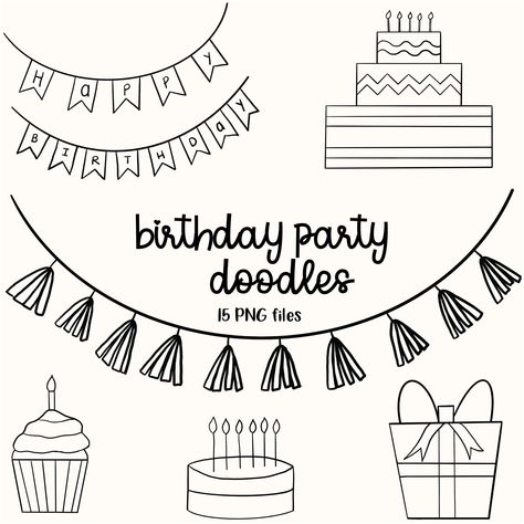 Birthday Banner Drawing, Easy Birthday Doodles, Bday Doodles, Birthday Banner Illustration, Happy Birthday Fonts Hand Drawn, Doodle Happy Birthday, Party Doodles, Happy Birthday Doodle, Doodle Banners