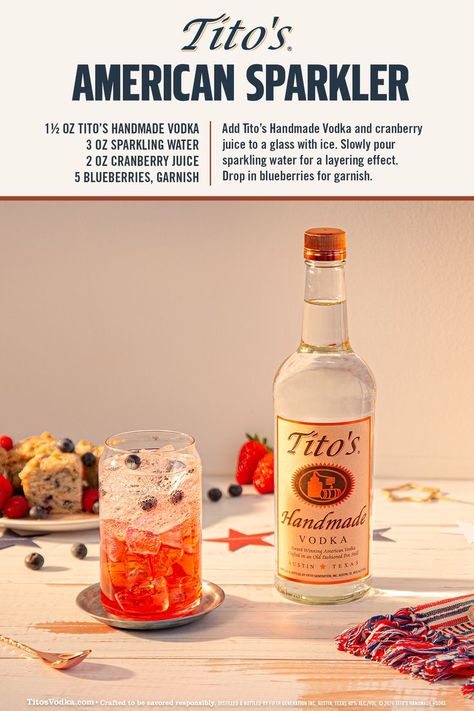 Looking for red, white, and blue in a glass? Just add Tito’s Handmade Vodka, cranberry, and a few blueberries. Top it off with sparkling water and toast to the long weekend with Tito’s. Simple, smooth, and naturally gluten-free. Cheers! Titos Vodka Drinks, Vodka Cranberry, Cocktail Drinks Alcoholic, Yummy Alcoholic Drinks, Fourth Of July Food, Boozy Drinks, Mixed Drinks Recipes, Vodka Drinks, Alcohol Drink Recipes