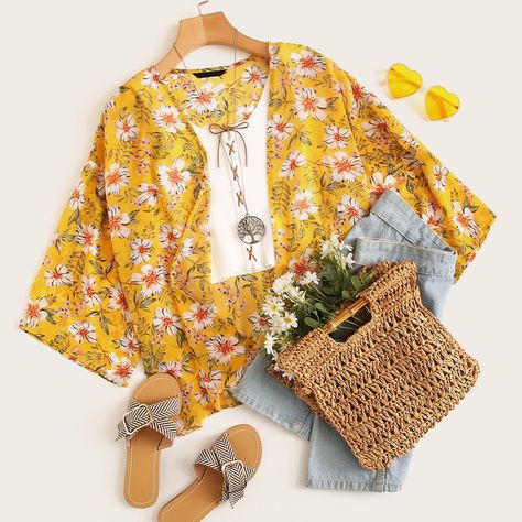 Drop Shoulder Floral Print Kimono Kimono Flatlay, Outfit Shein, Nice Clothing, Halter Bodycon Dress, Floral Print Kimono, Fashion Tops Blouse, Ideas Outfit, Belted Shirt Dress, Print Kimonos