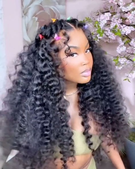 Afro With Butterflies, Butterfly Clips Hairstyles Black Women, Curly Hair With Butterfly Clips, Butterfly Crown Braid On Wig, Butterfly Braid On Wig, Butterfly Clips In Hair, Butterfly Braids With Curls, Butterfly Braid With Weave, Hairstyles With Butterfly Clips