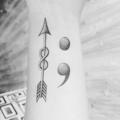 Arrow Semi Colon And Infinity Tattoo, Unique Semicolon, Infinity Arrow Tattoo, Unique Christian Tattoos, Tatts Ideas, Semicolon Tattoos, Sister Ideas, Targaryen Tattoo, Survivor Tattoo