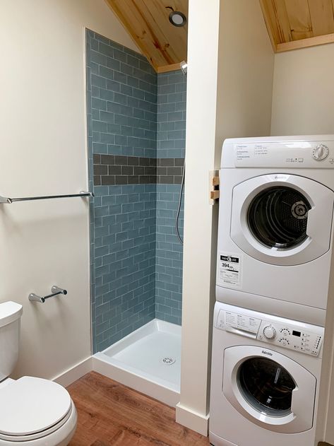 Bathroom And Laundry Room Combo, Laundry Combo, Laundry Bathroom Combo, Loft Upstairs, Tiny House Builders, Laundry Room Bathroom, Tiny House Listings, Small Showers, Tiny House Bathroom