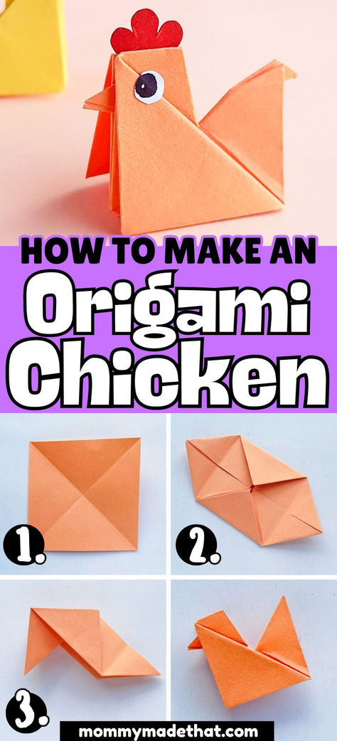 What to learn how to make an origami chicken? This easy origami tutorial shows you step by step how to make this super cute origami animal! This DIY chicken craft is tons of fun for kids and adults! Easy Origami Tutorial Step By Step, Paper Animals Craft, Origami Easy Printable Templates, Easy Paper Crafts Animals, Fox Origami Easy, How To Origami Step By Step, Origami Chicken Easy, Easy Origami Step By Step Simple, How To Make A Paper Animal