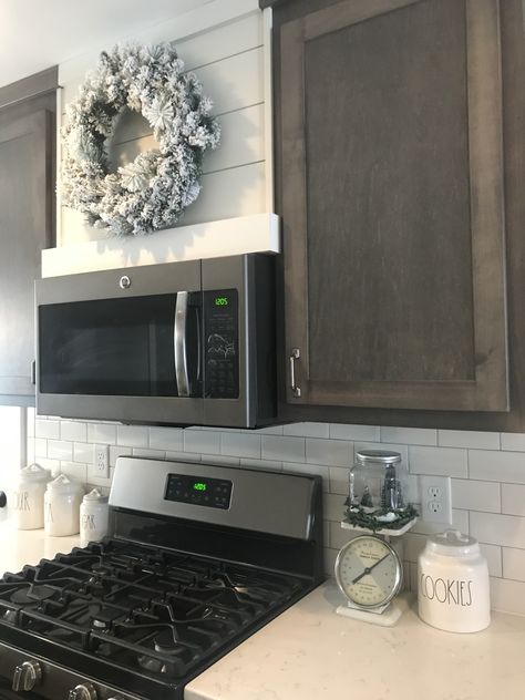 Shiplap hood vent, modern farmhouse, gray kitchen, rae dunn, flocked wreath, subway tile, Ge slate Farmhouse Kitchen Gray, Modern Farmhouse Kitchen Backsplash, Farmhouse Kitchen Backsplash Ideas, Modern Farmhouse Style Kitchen, Modern Farmhouse Kitchen Cabinets, Trendy Farmhouse Kitchen, Kitchen Gray, Farmhouse Kitchen Backsplash, Farmhouse Cabinets