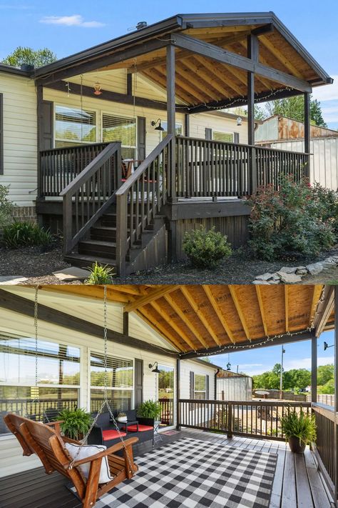 Doublewide Porch Ideas, Manufactured Home Landscaping, Mobile Home Decks And Porches, Porch Skirting Ideas, Mobile Home Patio, Porch Skirting, Mobile Home Deck, Mobile Home Front Porch, Double Wide Remodel