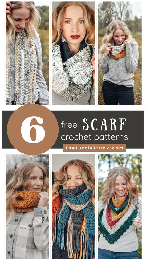 6 photos of a woman wearing a different crochet scarf. Scarf Patterns Crochet, Fall Scarf Crochet, Fall Crochet Patterns Free, Knitted Hat Patterns Free Women, Free Crochet Scarf Patterns, Winter Scarf Pattern, Crocheted Scarfs, Free Crochet Scarf, Easy Crochet Scarf