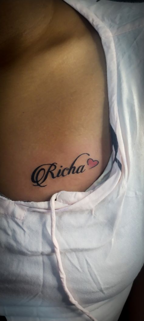 Richa name Tattoo Name Tattoos Chest Women, Name Font Tattoo Ideas, Name On Chest Tattoo Female, Name Tattoo On Buttcheek, Chest Name Tattoo Female, Name On Chest Tattoo, Name Tattoos On Chest, Name Tattoos For Women Chest, Tattoo Name Fonts