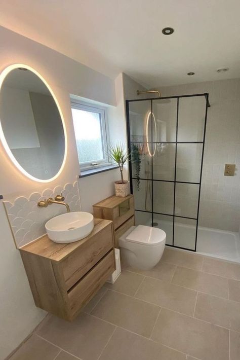 When working with a neutral colour palette, incorporating bruched brass accents is a great way to add warmth into your bathroom. We love how this brushed brass, wall mounted tap looks in this contemporrary, neutral bathroom. Bathroom Neutral Colors, Ensuite Bathroom Ideas Small, Loft Bedroom Decor, Contemporary Bathroom Design, Main Bathroom Ideas, Small Bathroom Colors, New House Bathroom, Bathroom Shelf Decor, Neutral Bathroom