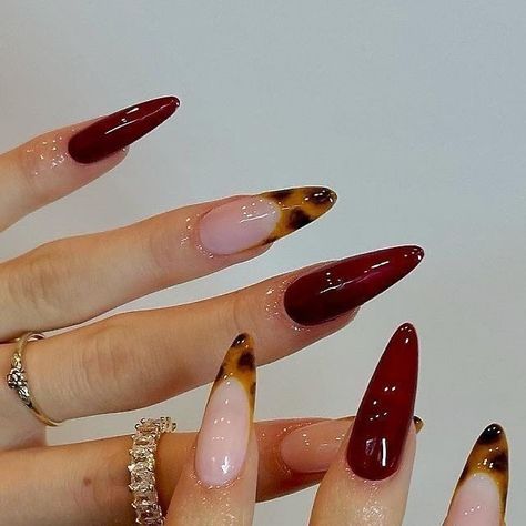 Red With Design Nails, Red French Tip Design Nails, Fun Nails Almond Shape, Almond Shape French Tip Design, French Art Nails, Mixed French Nails, Tortoise Nails Almond, Tortoise Nails With Red, Tortoise French Nails