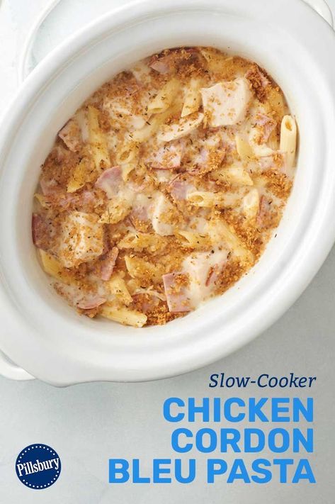 Crockpot Chicken Cordon Bleu Pasta, Crockpot Chicken Cordon Bleu, Creamy Alfredo Pasta, Cordon Bleu Pasta, Chicken Cordon Bleu Pasta, Chicken Cordon Bleu Recipe, Crispy Bread, Cheesy Ham, Pillsbury Recipes