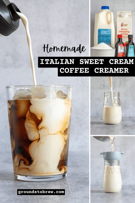 Italian Sweet Cream Coffee Creamer Recipe, Italian Sweet Cream Coffee Creamer, Sweet Cream Coffee Creamer Recipe, Flavored Coffee Creamer Recipes, Sweet Cream Coffee Creamer, Homemade Coffee Creamer Recipe, Diy Coffee Creamer, French Vanilla Creamer, Flavored Coffee Creamer