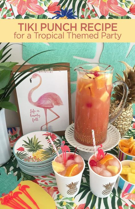 Tiki Punch Recipe for a Tropical Themed Party Simple Summer Party Decorations, Tiki Themed Bachelorette Party, Retro Luau Party, Laua Party Food, Hawian Theme Birthday Party, Island Party Theme, Tiki Punch Recipe, Tiki Party Food, Tiki Punch