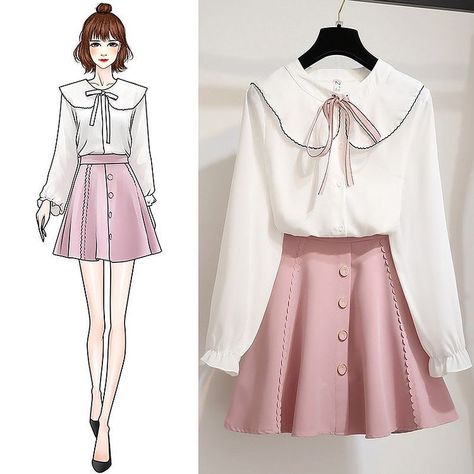 Korean Shirt, Fashion Drawing Dresses, Anime Inspired Outfits, Button Skirt, Trendy Fashion Tops, Kawaii Fashion Outfits, Dress Sketches, Illustration Fashion Design, Korean Girl Fashion