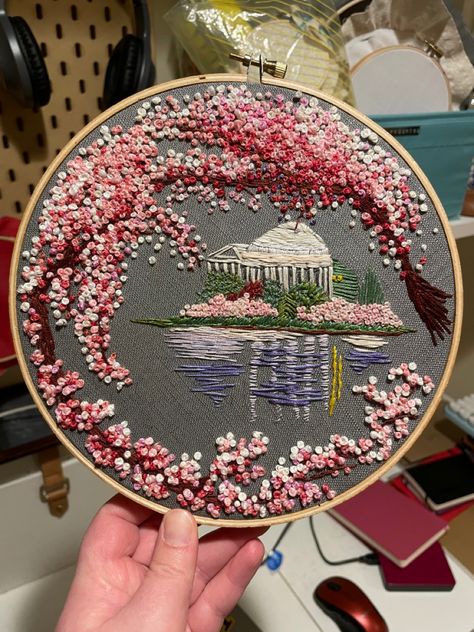 Cherry Blossom Embroidery Design, Embroidered Cherry Blossoms, Cherry Blossom Tree Embroidery, Cherry Blossom Quilt, Cherry Blossom Embroidery, Dc Cherry Blossoms, Pink Cherry Blossom Tree, Blossom Embroidery, Embroidery Hoop Art Diy