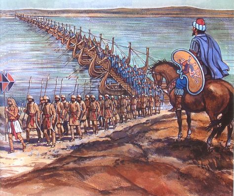 Xerxes l's Persian army crossing on a Pontoon Bridge over the Helespont (present day Dardanelles) from Asia into Thrace, during the Second Persian Invasion in80 B.C. Greco Persian Wars, Greek Soldier, Ancient Greek City, Classical Greece, Greek Warrior, Ancient Persia, Rome Antique, Persian Empire, Ancient Warfare