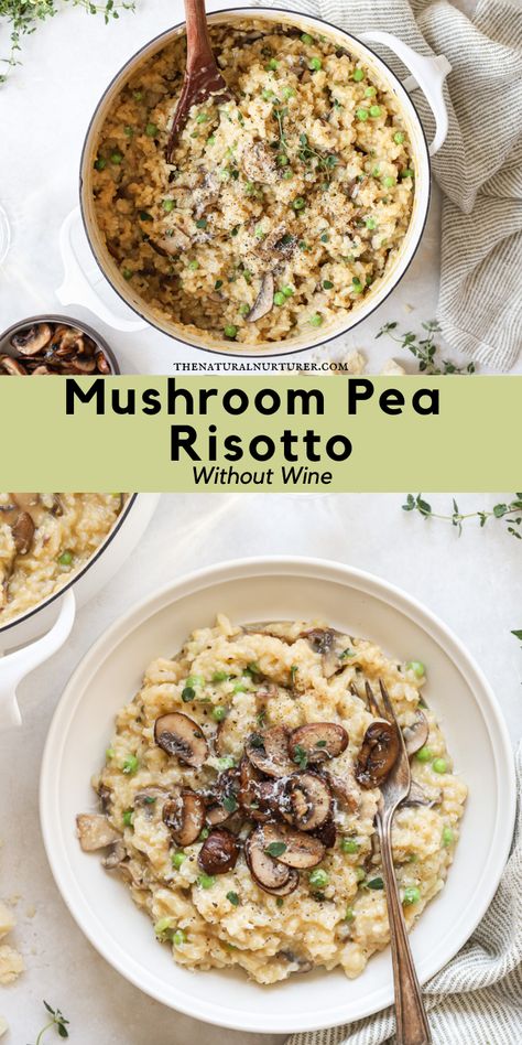 This Mushroom and Pea Risotto recipe is flavorful, comforting, and absolutely delicious. It features tender sautéed mushrooms and bright peas studded throughout this creamy, dreamy risotto. #veggieloaded Mushroom Pea Risotto, Healthy Mushroom Risotto Recipes, Risotto Without Wine, Healthy Risotto Recipes, Mushroom And Pea Risotto, Healthy Risotto, Trumpet Mushroom, Peas Recipes, Pea Risotto