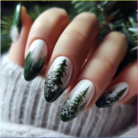 Looking for festive nail inspiration? Try the top green Christmas nails 2024 for a stylish holiday look! From bold forest greens to shimmering metallics, these nail designs are perfect for creating a holiday-ready vibe. Add snowflake art, glitter accents, or candy cane stripes for extra festive flair! #GreenChristmasNails #HolidayNailInspo #StylishNails2024 #FestiveStyle #ChristmasManicureIdeas Woodsy Nail Designs, Winter Witch Nails, Winter Forest Nails, Alaska Nails Ideas, Pine Tree Nail Art, Bookish Nails Book Lovers, Boho Winter Nails, Nature Inspired Nail Art, Bookish Nail Art