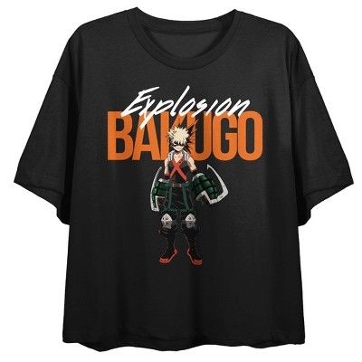 Celebrate your favorite anime heroes in style with this My Hero Academia tee. The shirt features an image of Katsuki Bakugo standing under orange letters that spell out his name. White letters above the image read, “Explosion.” The tee comes in a black short sleeve crop top. My Hero Academia fans will love this comfy crop top tee. Mha Merch Clothes, Mha Casual Clothes, Bakugo Standing, Bakugo Explosion, Bakugo Shirt, Mha Merch, Hoodies Design Ideas, Anime Heroes, Academia Clothes