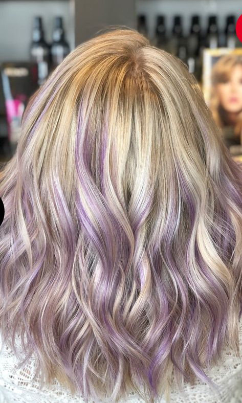 Purple Highlights Blonde Hair Short, Blonde And Coloured Hair, Lavender Highlights Blonde Hair, Colored Lowlights, Blond And Blue Hair, Blonde Hair With Pop Of Color, Light Purple Highlights, Subtle Purple Hair, Blonde Hair With Purple Streaks