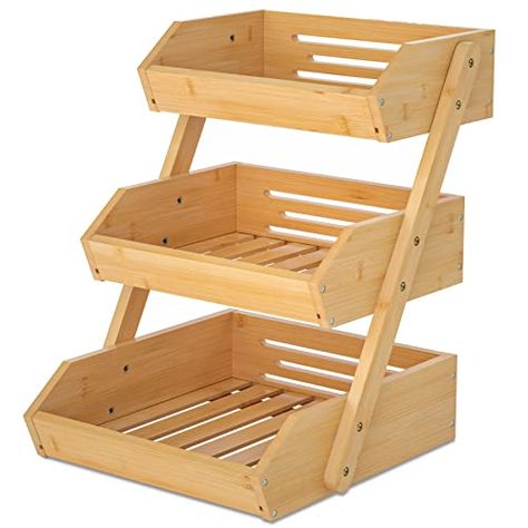 Large 3 Tier Bamboo Fruit Basket Stand for Kitchen Countertop – Fruit Holder – Perfect for Bread, Vegetables, Produce, Home Storage and Display Bamboo Countertop, Vegetable Rack, Produce Baskets, Tiered Fruit Basket, Produce Storage, Kitchen Table Centerpiece, Wooden Trays, Fruit And Vegetable Storage, Fruit Holder