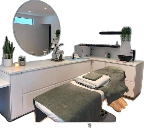 Esthetician Room Set Up Ideas, Home Pmu Studio, Esthetician Spa Decor, Relaxing Salon Ideas, In Home Facial Room, Spa Plants Decor, Esthetician Shelf Decor, Esthetician Selfie Wall, Salon Interior Design Facial Room