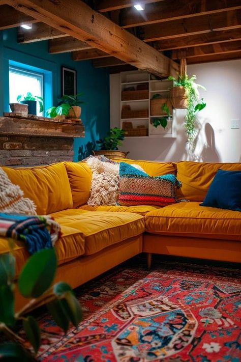 Cozy Basement Sectional Ideas for Your Home Colorful Basement Ideas, Cozy Living Rooms With Sectional, 90s Basement, Cozy Basement Apartment, Boho Basement Ideas, Funky Basement, Bohemian Basement, Basement Sectional, Colorful Basement