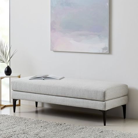 Andes Bench | West Elm Ottomans At End Of Bed, Modern Upholstered Bench, Bench Bedroom, Mid Century Storage, Mid Century Bench, Upholstered Storage Bed, Oversized Furniture, Fabric Bench, Stylish Curtains