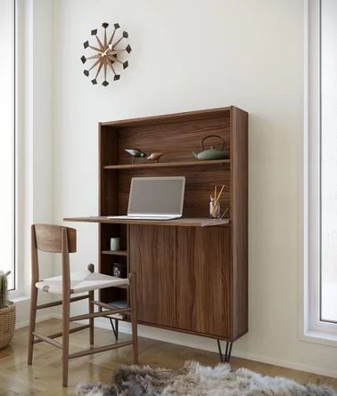 Wade Logan® Barta Secretary Desk | Wayfair Mid Century Modern Desk, Wall Mounted Desk, Floating Desk, Secretary Desk, Wall Desk, Walnut Desks, Secretary Desks, Hairpin Legs, Modern Desk