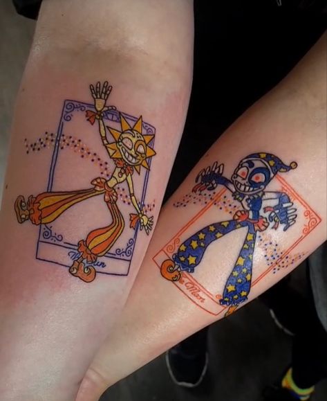 Fnaf Matching Tattoos, Fnaf Tattoos Ideas, Sun And Moon Fnaf Tattoo, Gravity Falls Matching Tattoos, Simple Fnaf Tattoos, Sundrop Tattoo, Matching Tattoos Anime, Dope Matching Tattoos, Matching Anime Tattoos