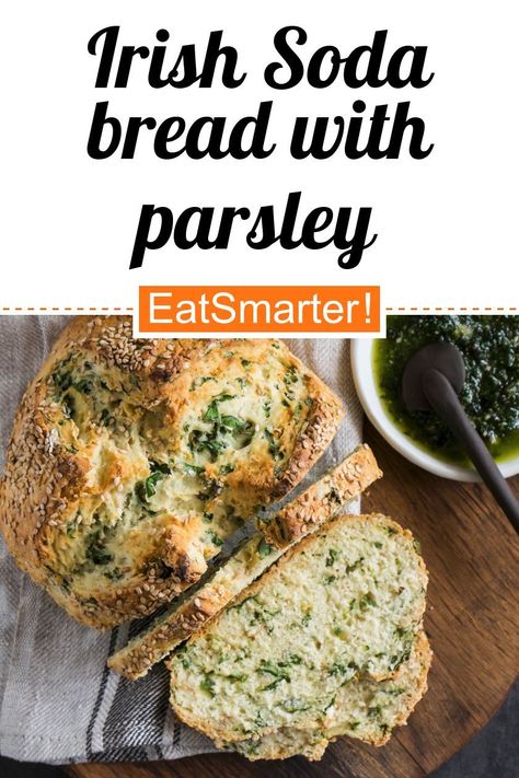 Irish Soda Bread with Parsley - few calories - quick recipe - simple dish - So healthy is the recipe: 7.5/10 | A recipe idea by EAT SMARTER | Bread, Baking Powder, Vegetarian, Herb, Brunch, Snack, Breakfast, Hearty Breakfast, Side Dish, hearty side dish #baking #healthyrecipes Parsley Bread Recipe, Honey Bread, Irish Soda, Types Of Flour, Irish Soda Bread, Recipe Simple, No Knead Bread, Just Bake, Quick Bread Recipes