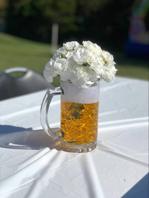 Beer Theme Birthday Party, Beer Display Ideas Party, Dads 60th Birthday Ideas Party Themes, Cheers And Beers Dessert Table, Beer Themed Party Ideas, Beer B Que Party, 30th Birthday Brewery Party, Beer Stein Centerpiece, 40th Bbq Birthday Ideas For Men