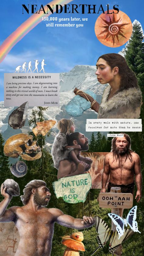 My collage of Neanderthals, inspired by human evolution and nature 🐞🌱🍄‍🟫 #neanderthal #archaeology #paleontology #nature #spiritual #mountains #forest #anthropology #evolution #humanevolution Mountains Forest, Human Evolution, Anthropology, Archaeology, Evolution, Forest, Collage, Human, Nature