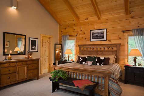 Master bedroom with exposed heavy timber vaulted ceiling - exterior walls are solid logs, but interior wall between bedroom and closet/bathroom is stick-framed with drywall applied. Log Cabin Bedroom Decor, Log Cabin Interior Paint Colors, Log Cabin Bedroom, Cabin Decor Diy, Cabin Bedroom Decor, Cabin Kitchen Decor, Log Home Interior, Log Cabin Exterior, Log Cabin Interior