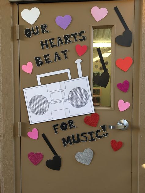 Music class Valentine’s Day door decoration! Fall Music Door Decorations, Music Themed Classroom Door, Music Day Decorations School, Music Room Door Ideas, Music Teacher Door Decoration, Music Room Door Decorations, Music Door Decorations, Music Classroom Door, Rock Activities