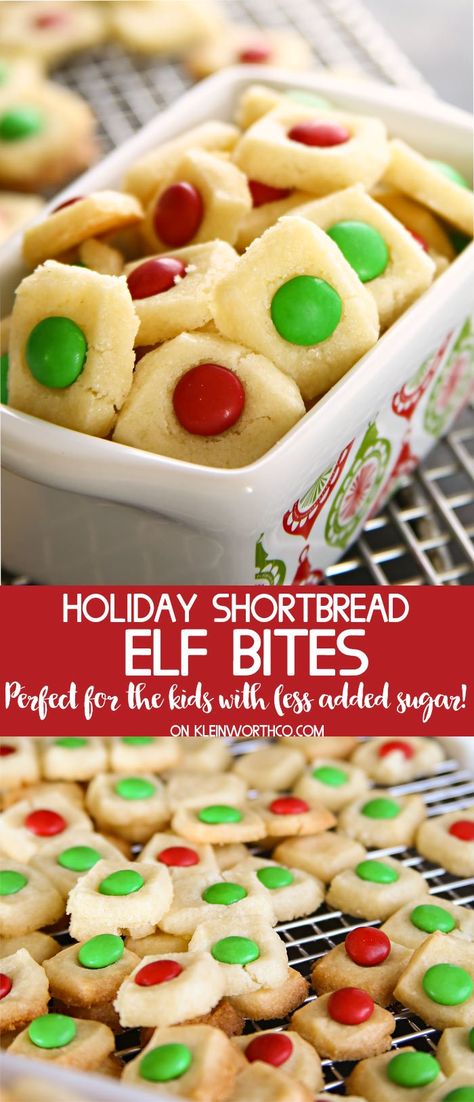 Holiday Shortbread Elf Bites, an easy to make holiday cookies recipe that kids love. Bite-sized buttery cookies topped with holiday chocolate candies.YUM! Xmas Foods, Shortbread Christmas, Cookies Shortbread, Elf Cookies, Chocolate Candies, Holiday Chocolate, Shortbread Recipes, Buttery Cookies, Holiday Cookie Recipes