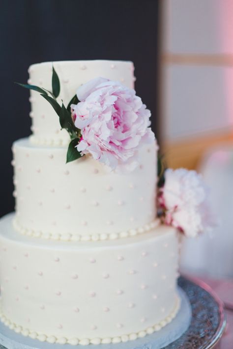 Buttercream Swiss-Dot Wedding Cake Swiss Dot Cake, Swiss Dot Wedding Cake, Simple 3 Tier Wedding Cake Buttercream, Swiss Dots Wedding Cake, Light Pink Wedding Cake Simple, Wedding Cake Light Pink, White Ribbed Wedding Cake, Jenna Rink, Rosewood Wedding