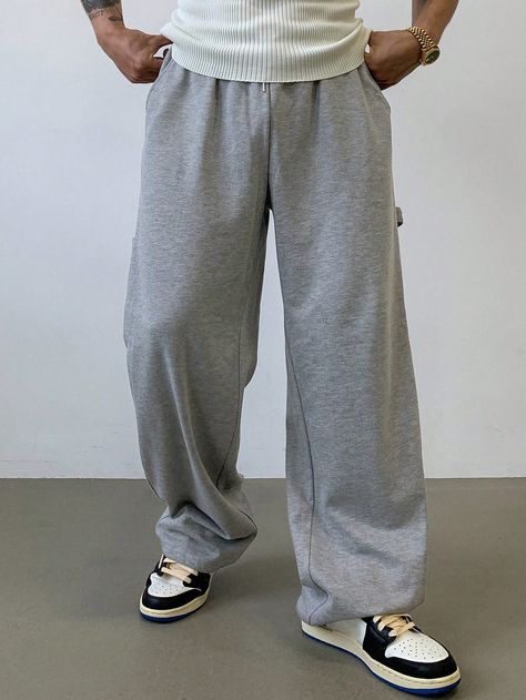 Men's Solid Color Pockets Wide-Leg Loose Casual Sweatpants, Autumn Grey    Knitted Fabric Plain Wide Leg Slight Stretch All Men Clothing, size features are:Bust: ,Length: ,Sleeve Length: Mens Streetwear Sweatpants, Sweatpants Fit Men, Wide Legged Sweatpants, Sweatpants Outfit Men, Grey Sweatpants Men, Gray Sweatpants Man, Sweatpants Fit, Baggy Sweatpants, Grey Sweats