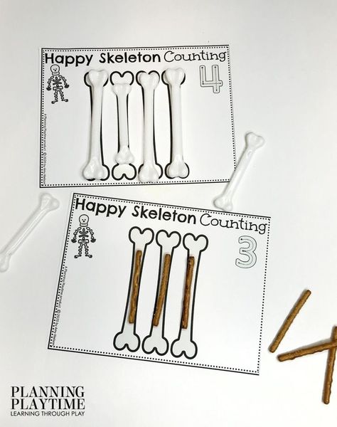 Happy Skeleton Counting with Bone Tally Marks. - October Morning Tubs Bones Lesson Preschool, Skeleton Math Activities, Bones Activities For Preschool, Preschool Skeleton Activities, Fall Theme Activities, Preschool Body Theme, Happy Skeleton, Counting Activities Preschool, Fun Stem Activities