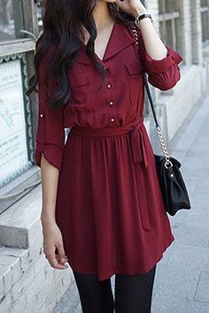 Casual Shirt Collar Long Sleeves Single Breasted Solid Color Dress For Women Wardrobe Wishlist, Western Outfit, Bohol, Elegante Casual, Solid Color Dress, Olivia Palermo, Fashion Attire, Inspired Outfits, Mode Inspiration