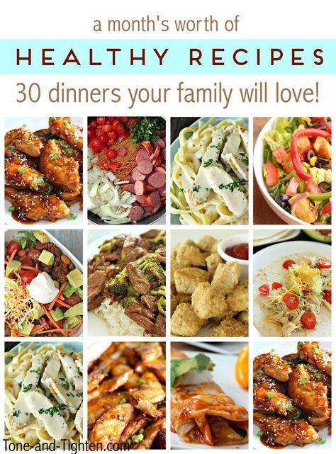 A month's worth of healthy recipes - 30 dinners your whole family will love! Tone-and-Tighten.com Month Of Healthy Meals, Baked Chicken Fajitas, Healthy Menu, Healthy Family Meals, Diet Vegetarian, Healthy Dishes, Healthy Families, Healthy Chicken, Sin Gluten