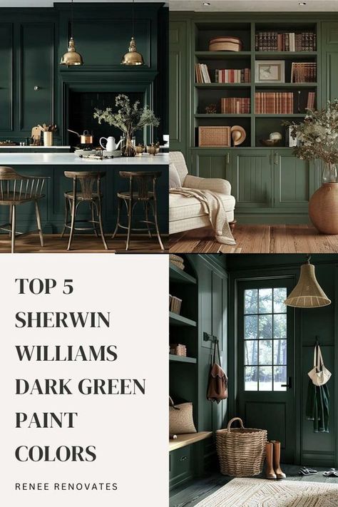 Whether you’re aiming for a cozy, nature-inspired vibe or a bold, dramatic statement, dark green is the answer. Of course, I’m biased because it’s my favorite color! It’s also having a moment in interior design right now, but did you know that it’s also a historically popular color? Deep Green Sherwin Williams, Decorating With Dark Green, Painting With Dark Colors, Dark Olive Green Paint Colors, Green Paint Dining Room, Dark Green Furniture Paint, Sherwin Williams Deep Green, Movie Room Paint Colors, Vogue Green Sherwin Williams