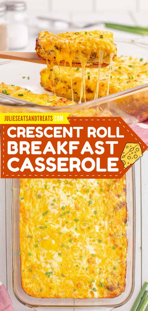 If you need an easy make ahead breakfast casserole than this Crescent Roll Breakfast Casserole is the perfect option! Simply prepare it the night before then bake it when you wake up. Crescent roll crust topped with sausage, eggs and cheese. Sausage Cream Cheese Breakfast Casserole Crescent Rolls, Crescent Roll Brunch Recipes, Best Christmas Breakfast Casserole, Sausage Egg And Cheese Crescent Rolls, Kid Friendly Breakfast Casserole, Breakfast Potluck Ideas For Work, Easy Sausage Breakfast Casserole, Crescent Roll Breakfast, Joyous Apron