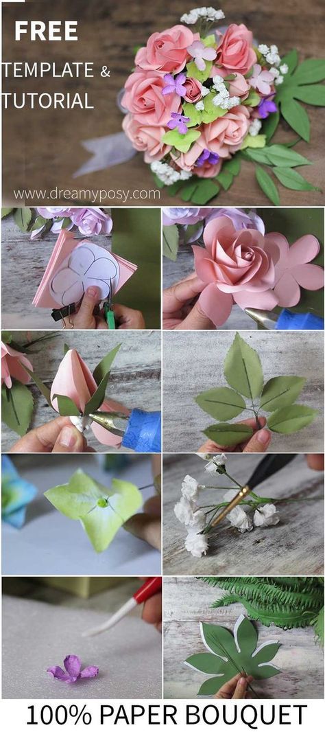 FREE template and full video tutorial for all rose flower, fringed flower (hydrangea and baby breath) and greenery to make your own wedding bouquet, so easy Paper Flowers Diy Wedding, Construction Paper Flowers, Paper Bouquet Wedding, Paper Flowers Wedding Bouquet, Making Paper Flowers, Flower Hydrangea, Easy Flowers, Bouquet Tutorial, How To Make Rose