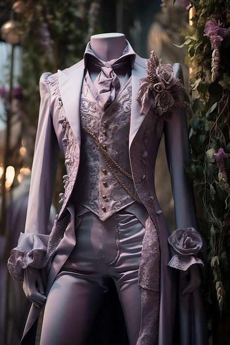 Lavender flower inspired suit Lavender Mens Outfit, Dnd Formal Wear Male, Male Clothing Design, Fashion Suits, Flower Suit, Fantasy Suits Male, Fantasy Suit, Wizard Fashion, Fantasy Fashion Male