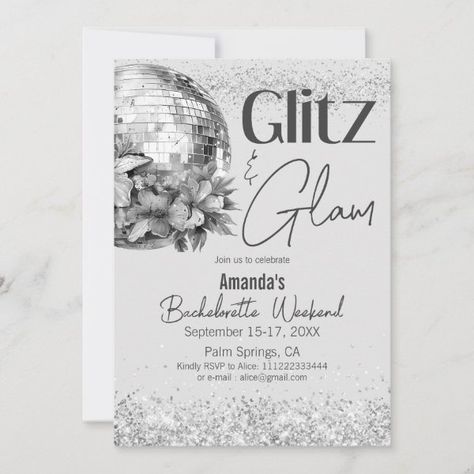 Disco Glitz and Glam Silver Bachelorette Party Invitation Disco Glitz, Silver Bachelorette Party, Silver Bachelorette, Glam Invitation, Last Disco, Cowgirl Bachelorette, Bachelorette Party Invitation, Disco Theme, Disco Cowgirl