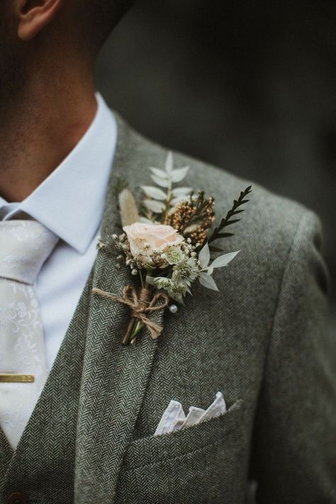 Boho Grooms Boutonniere, Men Buttonhole Wedding, Wedding Button Holes Rustic, Groom Buttoniere Wedding, Tan Suit Boutonniere, Men’s Buttonholes, Champagne Wedding Dress With Groom, Wedding Flower Boutonniere, Enchanted Forest Wedding Groom Attire