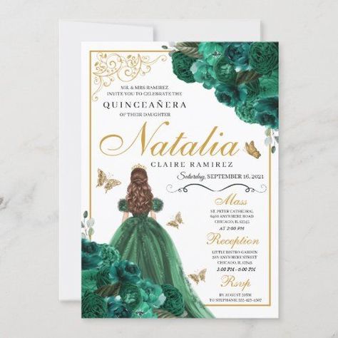 $2.70 | Emerald Green Floral Quinceanera Birthday #birthday #quinceanera #15thbirthday #fiestadequinceanos #misquince #misquinceanos #greenquinceanera #greenflowers #emeraldgreen #greenfloralinvite Invitations Quinceanera, Quinceañera Invitation, Quince Invitations, Dress Quinceanera, Green Invitations, Quinceanera Invitation, Dusty Green, Invitation Floral, Mexican Girl