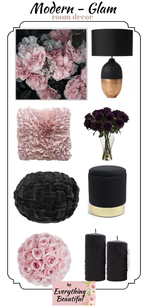 Pink And Black Master Bedrooms Decor, Black Blush Gold Bedroom, Black And Blush Office, Mauve Black And Gold Bedroom, Pink And Black Living Room Ideas Glam, Black And Mauve Living Room, Black Floral Bedroom Ideas, Dark Floral Bedroom Aesthetic, Black Mauve Bedroom