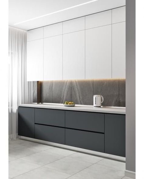 Minimalist Kitchen Design Tip Kitchen Design 2020, Modern White Kitchen Design, Grey Kitchen Designs, Minimalist Kitchen Design, Modern Kitchen Interiors, White Kitchen Design, White Modern Kitchen, Kitchen Room Design, Kitchen Inspiration Design